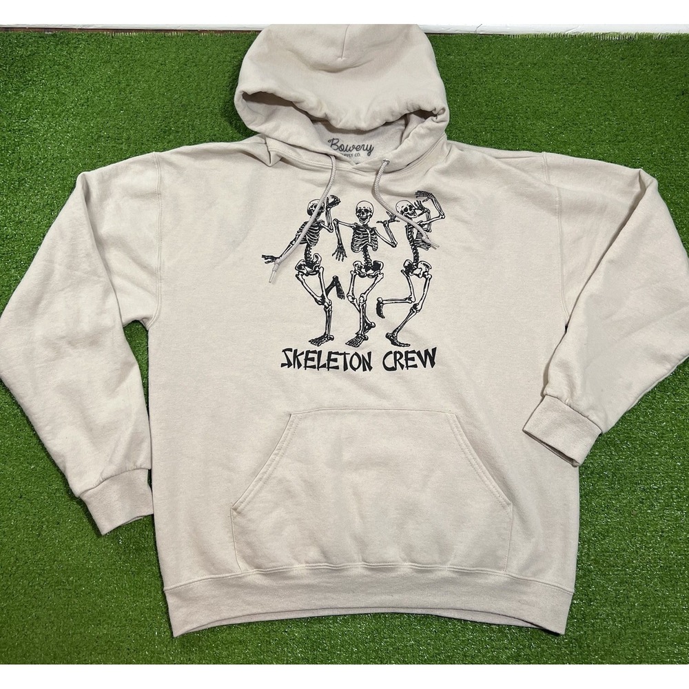 Bowery Supply Co Hoodie LG Cream Skeleton Crew Pullover Sweatshirt Hooded EUC